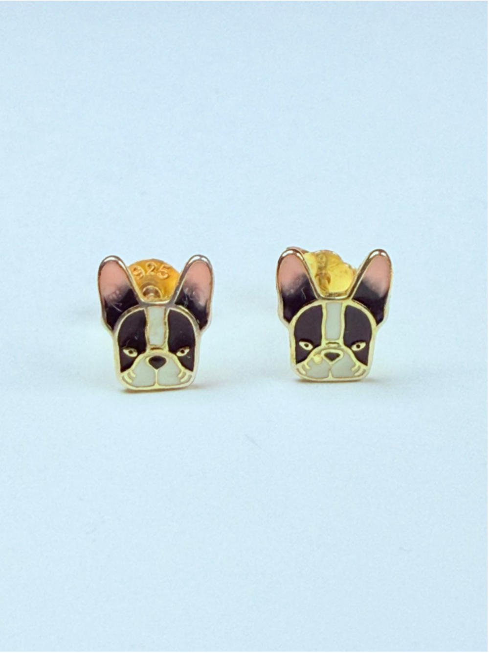 French Bulldog Enamel & Gold Vermeil 925 Sterling Silver Stud Earrings